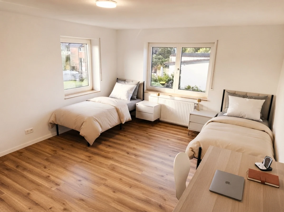 Großes Schlafzimmer im ersten Obergeschoss mit zwei Einzelbetten und Schreibtisch