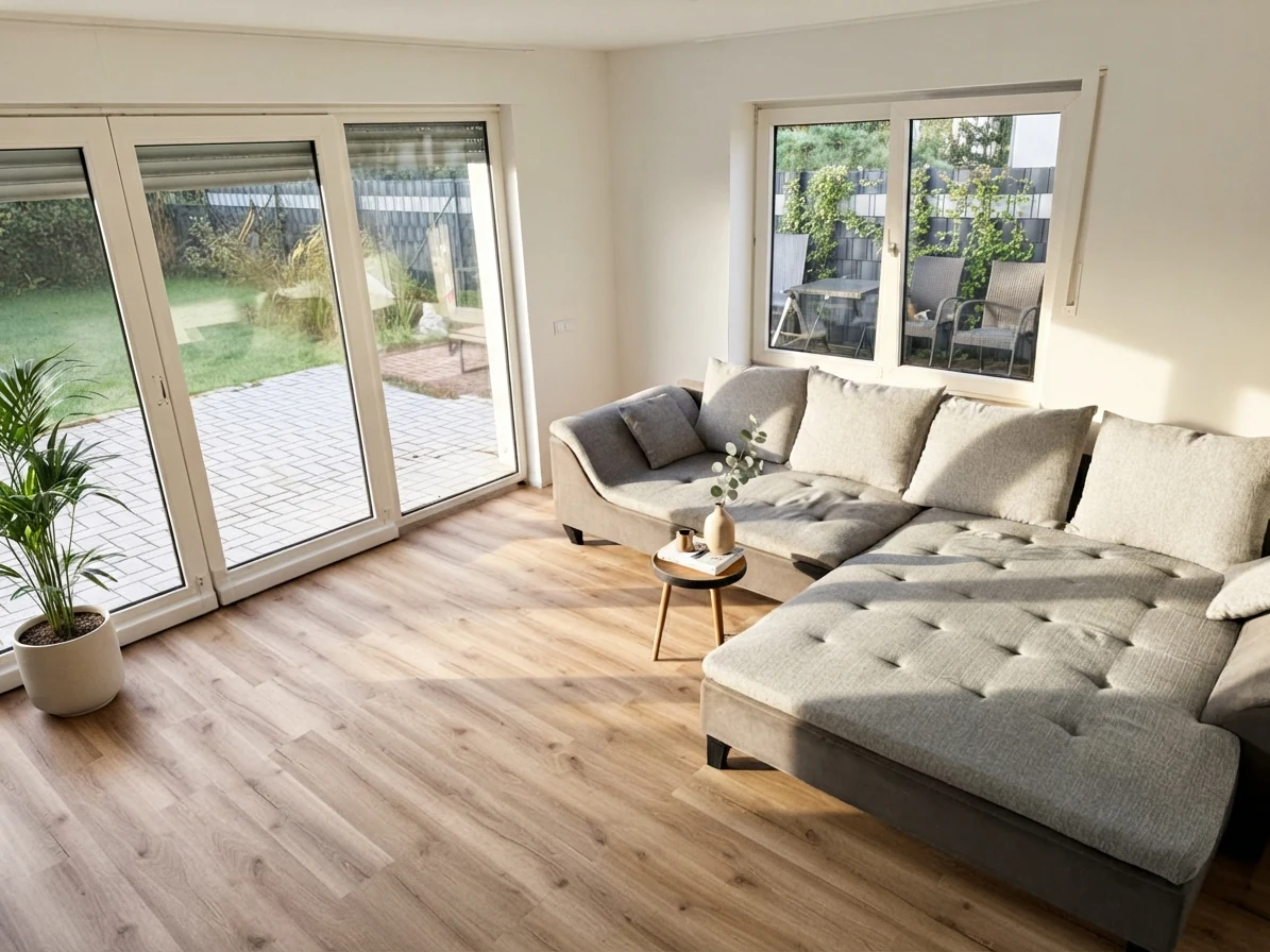 Wohnzimmer mit großer Sofalandschaft und Zugang zum Außenbereich