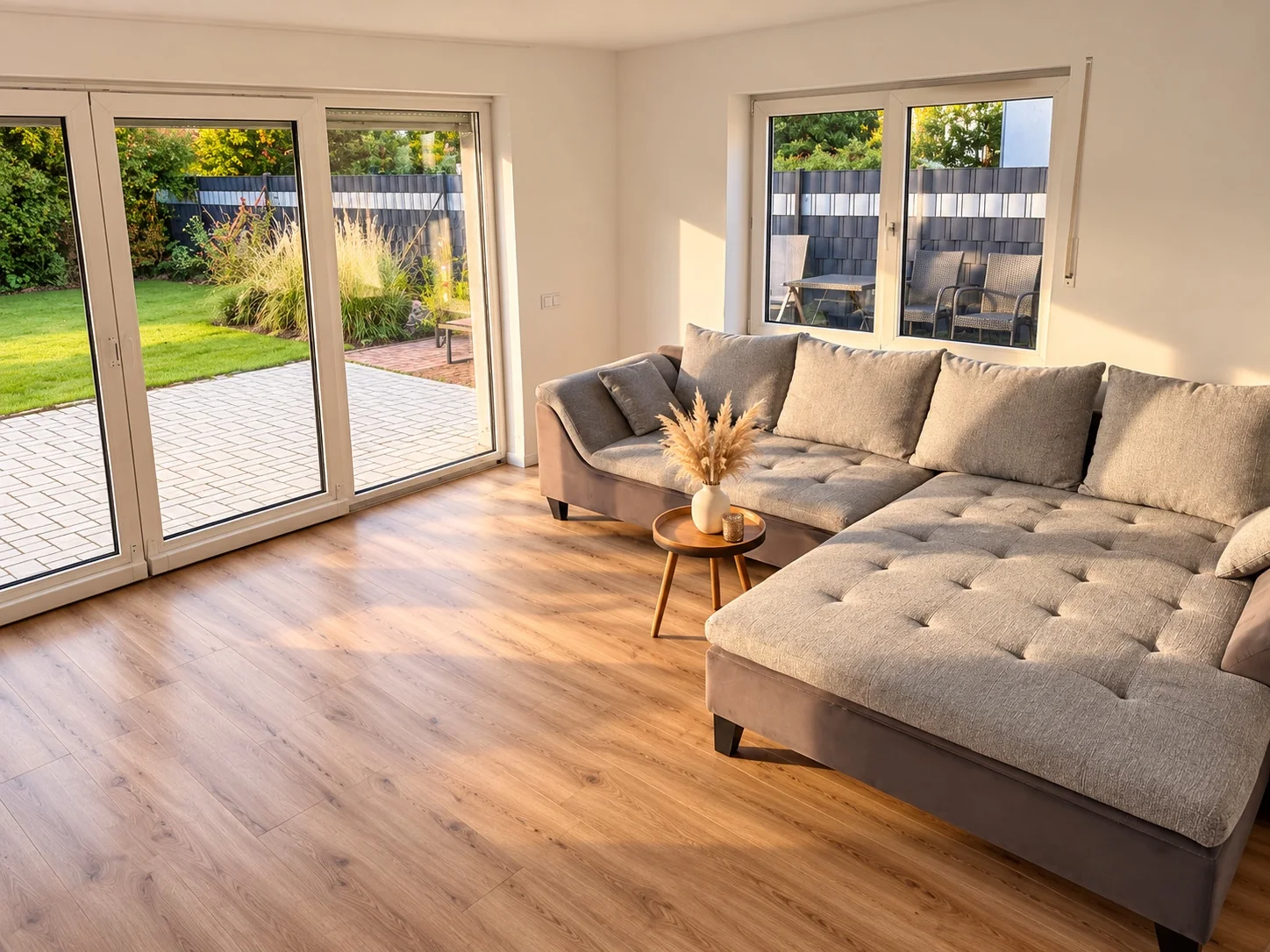 Helles Wohnzimmer mit Sofalandschaft und Blick zur Terrasse